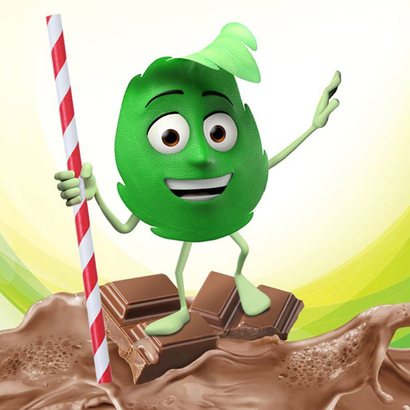 Jay the Leaf riding on a chocolate wave